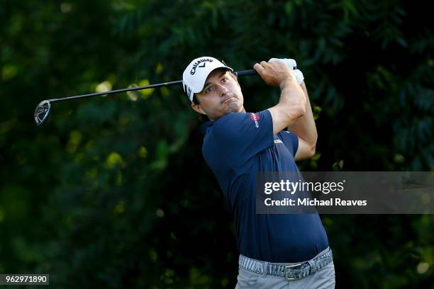 Kevin Kisner plays his shot from the sixth tee during the final round of the Fort Worth Invitational at Colonial Country Club on May 27, 2018 in Fort...