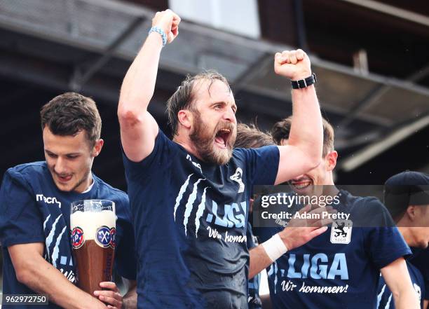 Daniel Bierofka head coach of TSV 1860 celebrates victory after the TSV 1860 Muenchen v 1. FC Saarbruecken Third League Playoff Leg 2 match at...