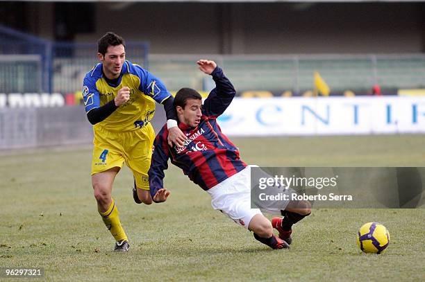 Federico Casarini of Bologna competes with Andrea Mantovani of Chievo Verona during the Serie A match between Chievo and Bologna at Stadio...