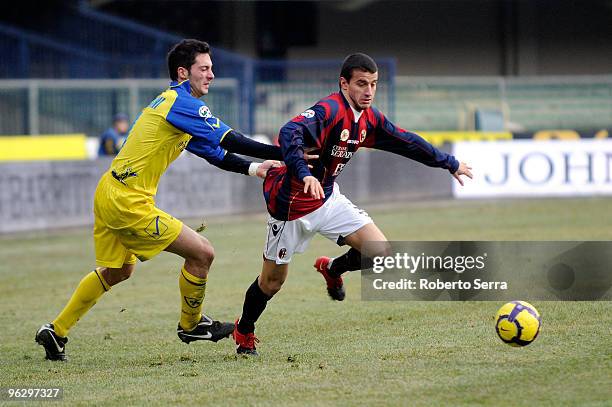 Federico Casarini of Bologna competes with Andrea Mantovani of Chievo Verona during the Serie A match between Chievo and Bologna at Stadio...