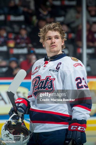 Sam Steel of Regina Pats lines up against the Acadie-Bathurst Titan at Brandt Centre - Evraz Place on May 20, 2018 in Regina, Canada.