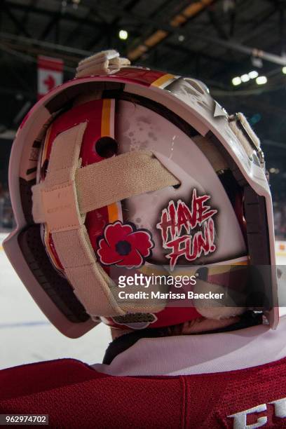 The back of the helmet of Evan Fitzpatrick of Acadie-Bathurst Titan as he stands at the bench during a time out against the Regina Pats at Brandt...