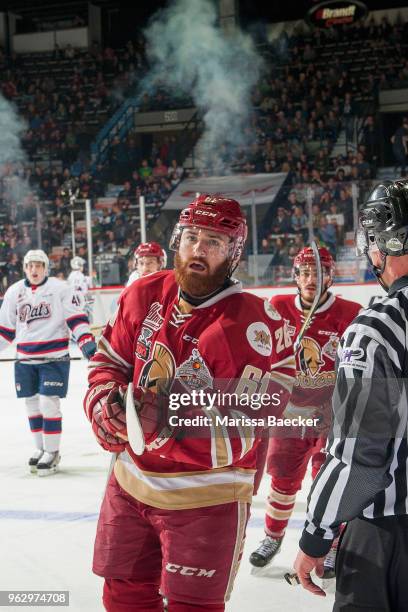 Liam Murphy of Acadie-Bathurst Titan skates to the bench to celebrate a goal against the Regina Pats at Brandt Centre - Evraz Place on May 20, 2018...