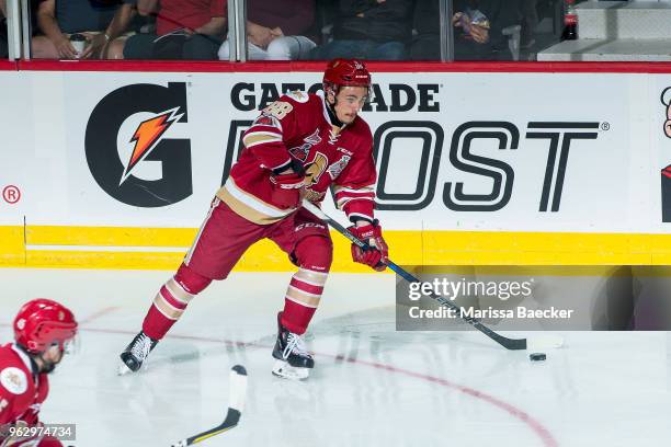 German Rubtsov of Acadie-Bathurst Titan skates with the puck against the Regina Pats at Brandt Centre - Evraz Place on May 20, 2018 in Regina, Canada.