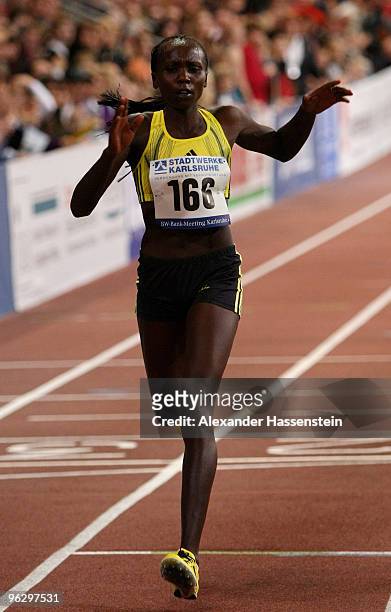 Sylvia Chibiwott Kibet of Kenia wins the woman 3000 metres final round during the 26th BW-Bank-Meeting at the Europahalle on January 31, 2010 in...