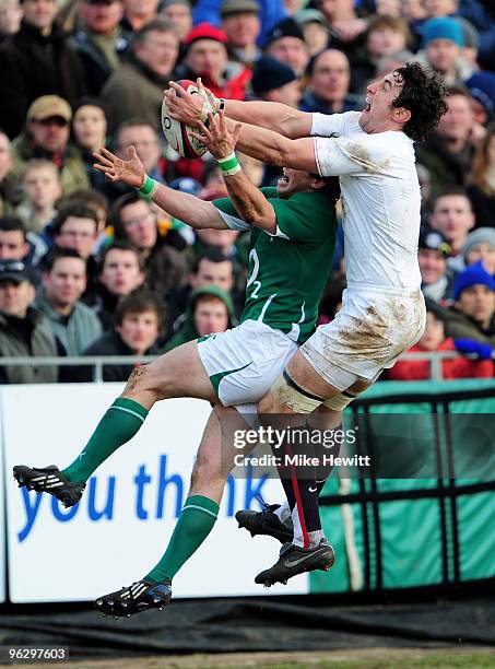 Phil Dowson of England out jumps Ian Dowling of Ireland during the International match between England Saxons and Ireland A at the Recreation Ground...