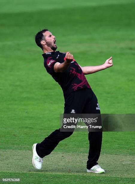 Lewis Gregory of Somerset celebrates the wicket of Eoin Morgan of Middlesex during the Royal London One-Day Cup match between Somerset and Middlesex...