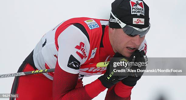 Christoph Bieler of Austria competes in the Gundersen 10km Cross Country event during day two of the FIS Nordic Combined World Cup on January 31,...