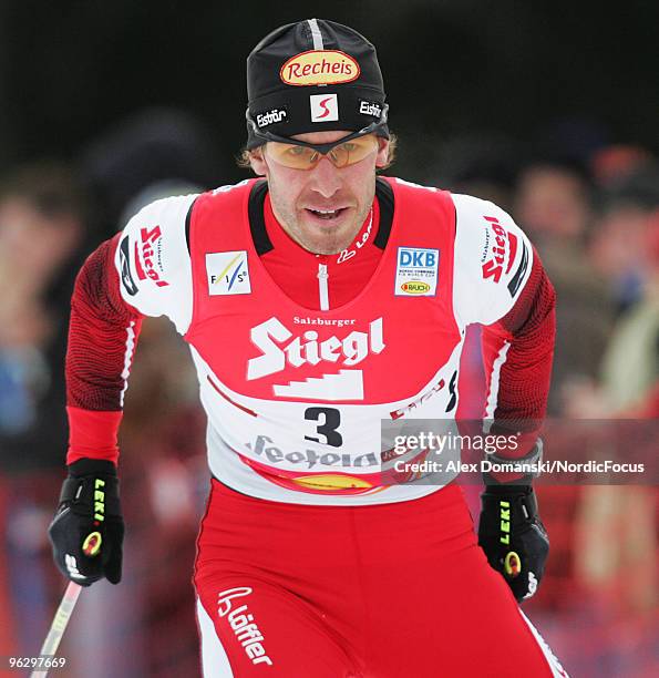 Christoph Bieler of Austria competes in the Gundersen 10km Cross Country event during day two of the FIS Nordic Combined World Cup on January 31,...