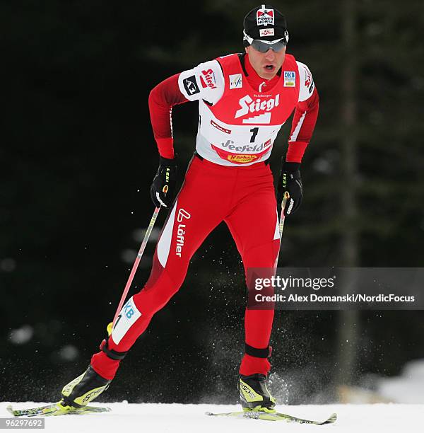 Christoph Bieler of Austria competes in the Gundersen 10km Cross Country event during day two of the FIS Nordic Combined World Cup on January 31,...