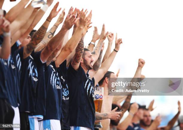 Sascha Moelders of TSV 1860 celebrates victory after the TSV 1860 Muenchen v 1. FC Saarbruecken Third League Playoff Leg 2 match at Stadion an der...