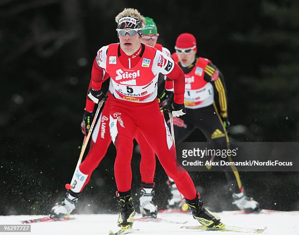 Dominik Dier of Austria competes in the Gundersen 10km Cross Country event during day two of the FIS Nordic Combined World Cup on January 31, 2010 in...