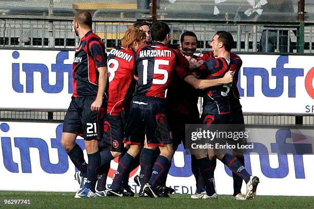 Astori Davide Of Cagliari celebrates the goal during the Serie A match between Cagliari and Fiorentina at Stadio Sant'Elia on January 31, 2010 in...