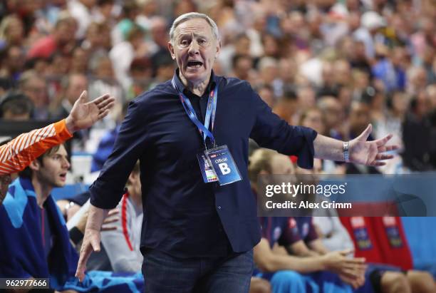 Head coach Zvonimir Serdarusic of Paris reacts during the EHF Champions League Final 4 third place match between Paris Saint Germain and HC Vardar at...