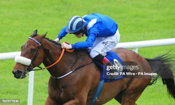Aared ridden by Dylan Hogan go on win the K Club Handicap during day two of the 2018 Tattersalls Irish Guineas Festival at Curragh Racecourse, County...