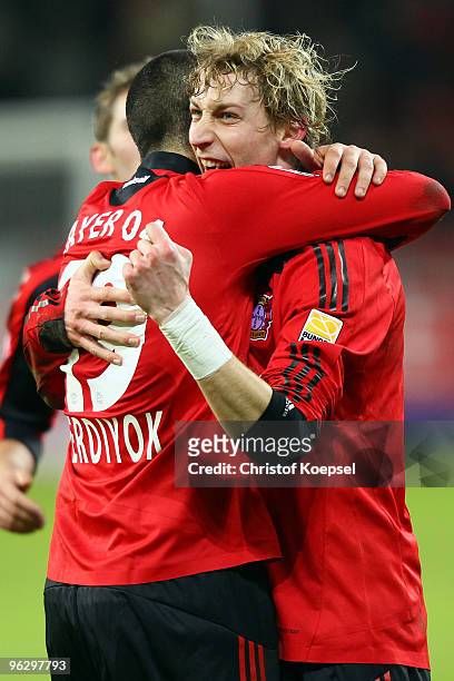 Stefan Kiessling of Leverkusen celebrates the first goal with Eren Derdiyok of Leverkusen during the Bundesliga match between Bayer Leverkusen and SC...