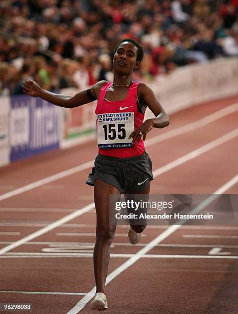 Gelete Burka of Kenia wins the woman 6150 metres final during the 26th BW-Bank-Meeting at the Europahalle on January 31, 2010 in Karlsruhe, Germany.