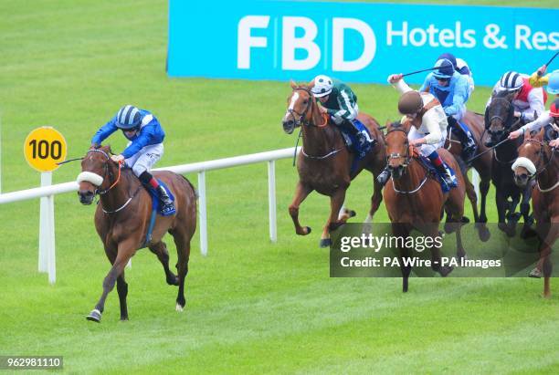 Aared ridden by Dylan Hogan go on win the K Club Handicap during day two of the 2018 Tattersalls Irish Guineas Festival at Curragh Racecourse, County...