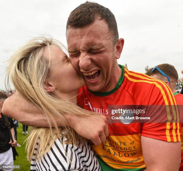 Offaly , Ireland - 27 May 2018; Darragh Foley of Carlow celebrates with his girlfriend Shona Delaney after the Leinster GAA Football Senior...