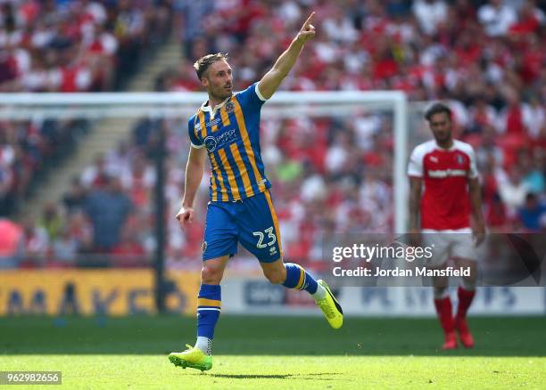 Alex Rodman of Shrewsbury Town celebrates after scoring his sides first goal during the Sky Bet League One Play Off Final between Rotherham United...