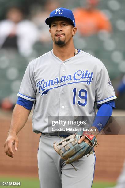 Cheslor Cuthbert of the Kansas City Royals warms up before a baseball game against the Baltimore Orioles at Oriole Park at Camden Yards on May 10,...