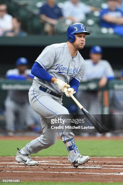 Lucas Duda of the Kansas City Royals takes a swing during a baseball game against the Baltimore Orioles at Oriole Park at Camden Yards on May 10,...