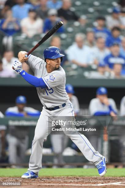 Cheslor Cuthbert of the Kansas City Royals prepares for a pitch during a baseball game against the Baltimore Orioles at Oriole Park at Camden Yards...