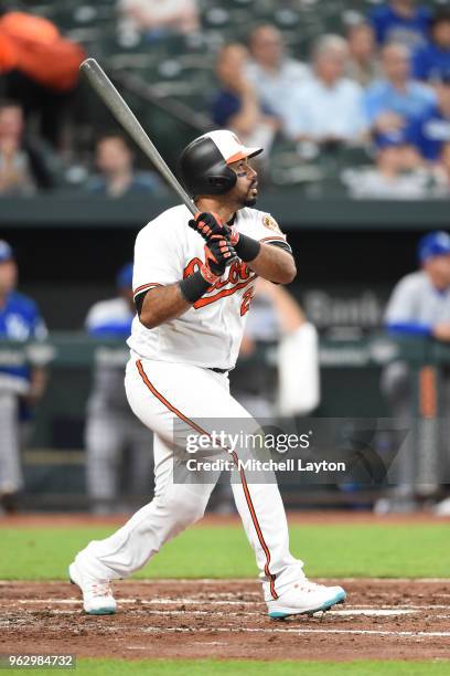 Pedro Alvarez of the Baltimore Orioles takes a swing during a baseball game against the Kansas City Royals at Oriole Park at Camden on May 10, 2018...