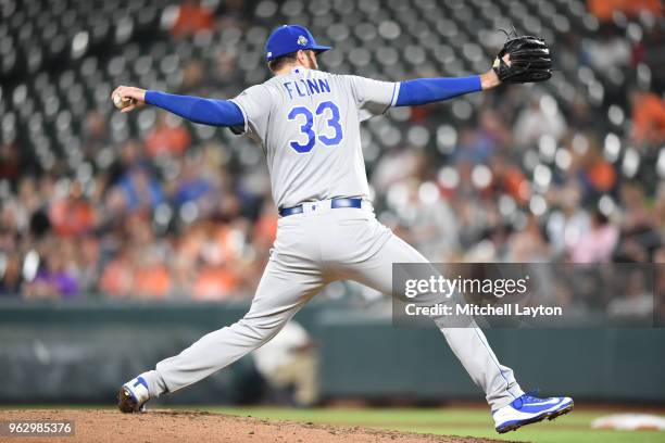 Brian Flynn of the Kansas City Royals pitches during a baseball game against the Baltimore Orioles at Oriole Park at Camden Yards on May 10, 2018 in...