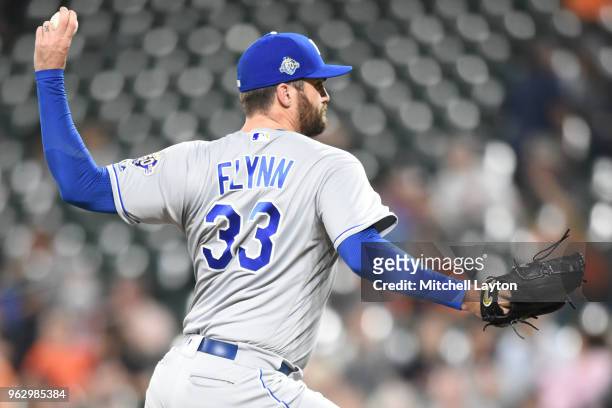 Brian Flynn of the Kansas City Royals pitches during a baseball game against the Baltimore Orioles at Oriole Park at Camden Yards on May 10, 2018 in...
