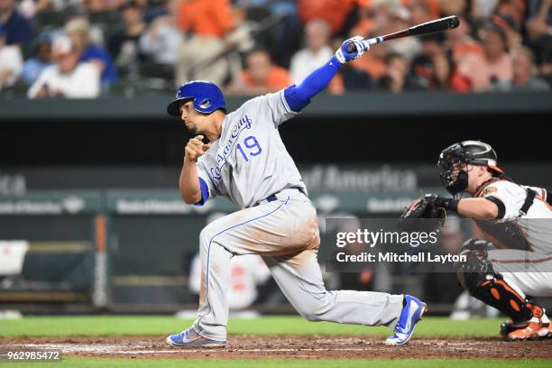 Cheslor Cuthbert of the Kansas City Royals takes a swing during a baseball game against the Baltimore Orioles at Oriole Park at Camden Yards on May...