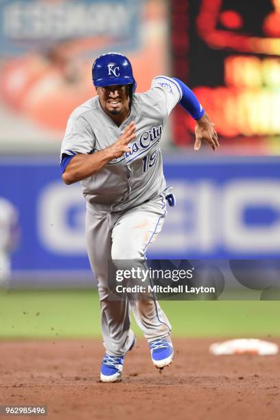 Cheslor Cuthbert of the Kansas City Royals runs to third base during a baseball game against the Baltimore Orioles at Oriole Park at Camden Yards on...