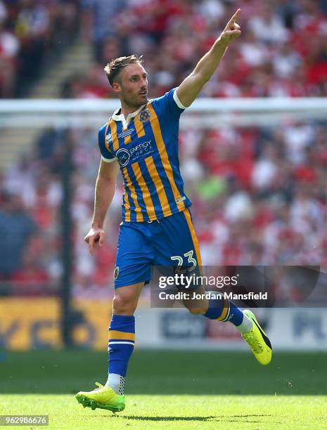 Alex Rodman of Shrewsbury Town celebrates after scoring his sides first goal during the Sky Bet League One Play Off Final between Rotherham United...