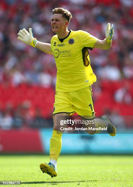 Dean Henderson of Shrewsbury Town celebrates as Alex Rodman of Shrewsbury Town scores his sides first goal during the Sky Bet League One Play Off...