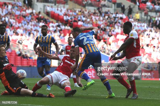 Alex Rodman of Shrewsbury Town scores a goal to make it 1-1 during the Sky Bet League One Play Off Final between Rotherham United and Shrewsbury Town...