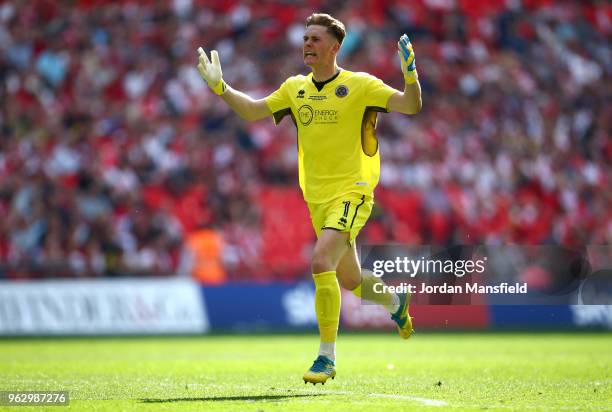 Dean Henderson of Shrewsbury Town celebrates as Alex Rodman of Shrewsbury Town scores his sides first goal during the Sky Bet League One Play Off...