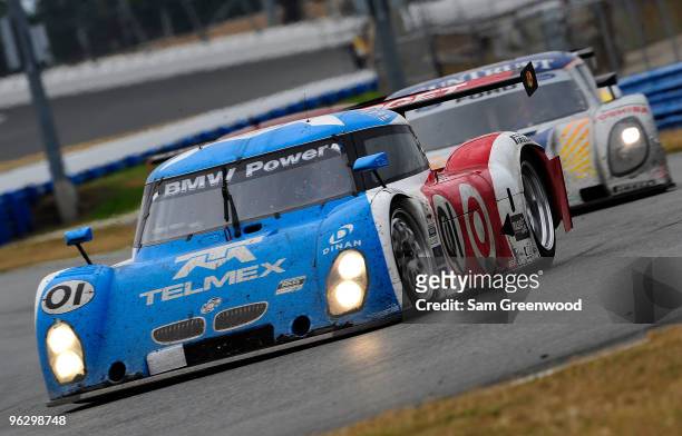 The TELEMEX/Target BMW Riley driven by Scott Pruett, Memo Rojas, Justin Wilson, and Max Papis races during the Grand-Am Rolex 24 at Daytona held at...