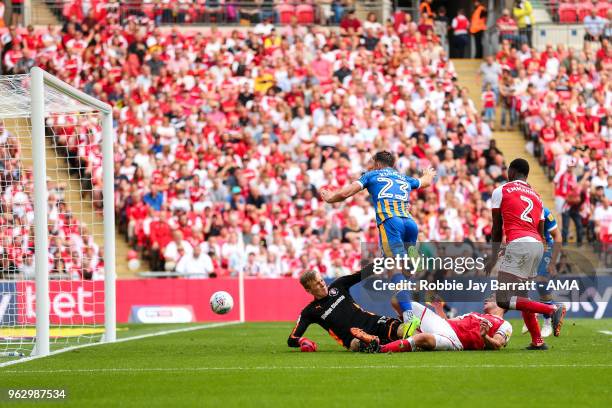 Alex Rodman of Shrewsbury Town scores a goal to make it 1-1 during the Sky Bet League One Play Off Final between Rotherham United and Shrewsbury Town...