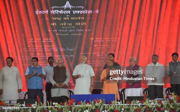 Prime Minister Narendra Modi with UP Governor Ram Naik, Union Minister of Road Transport and Highways Nitin Gadkari, Uttar Pradesh Chief Minister...