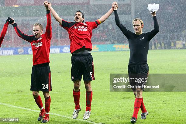 Michal Kadlec, Manuel Friedrich and Sami Hyypiae of Leverkusen celebrate the 3-1 victory after the Bundesliga match between Bayer Leverkusen and SC...