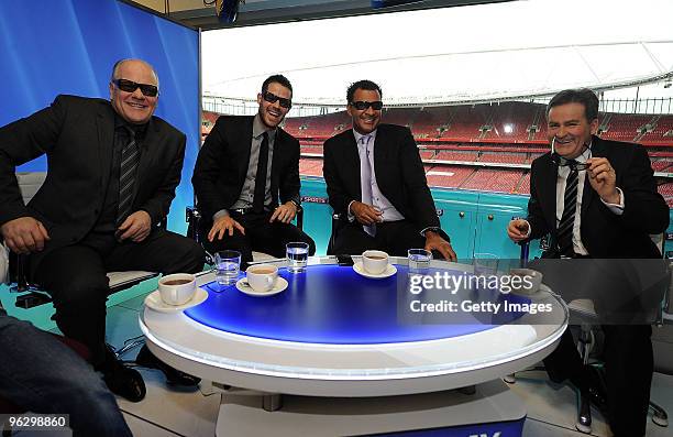 Presenters Andy Gray, Jamie Redknapp, Ruud Gullit and Richard Keys pose for the camera wearing 3D glasses before the world's first live 3D TV...