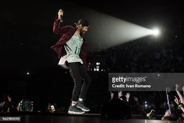 The italian singer-songwriter Lorenzo Cherubini performs on stage of Palasele for "Lorenzo Live 2018 Tour" on May 25, 2018 in Eboli, Italy.