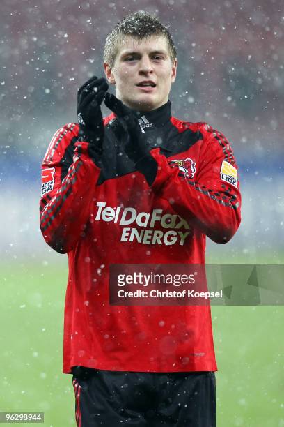 Toni Kroos of Leverkusen celebrates the 3-1 victory after the Bundesliga match between Bayer Leverkusen and SC Freiburg at the BayArena on January...