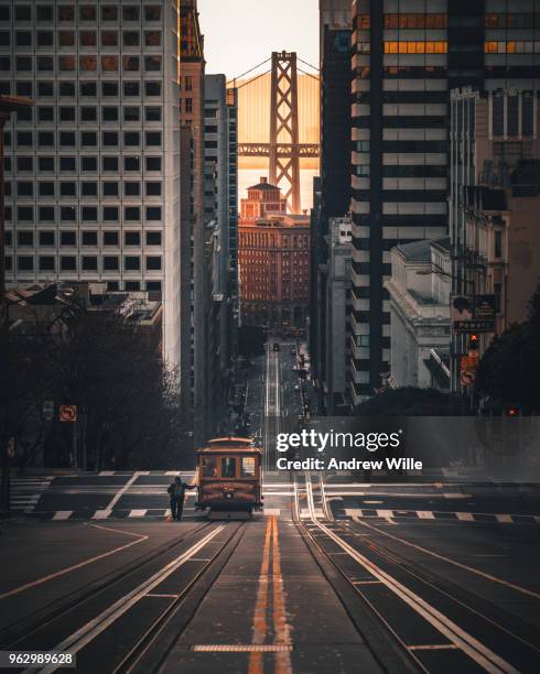 man catches cable car - san francisco street stockfoto's en -beelden