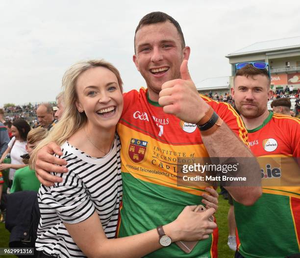 Offaly , Ireland - 27 May 2018; Darragh Foley of Carlow celebrates with his girlfriend Shona Delaney after the Leinster GAA Football Senior...