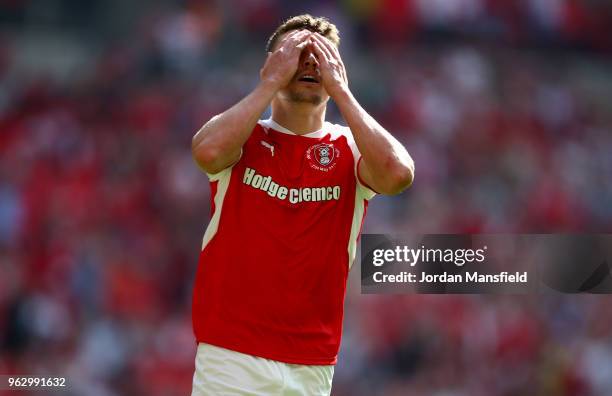 Caolan Lavery of Rotherham United reacts after a missed chance during the Sky Bet League One Play Off Final between Rotherham United and Shrewsbury...