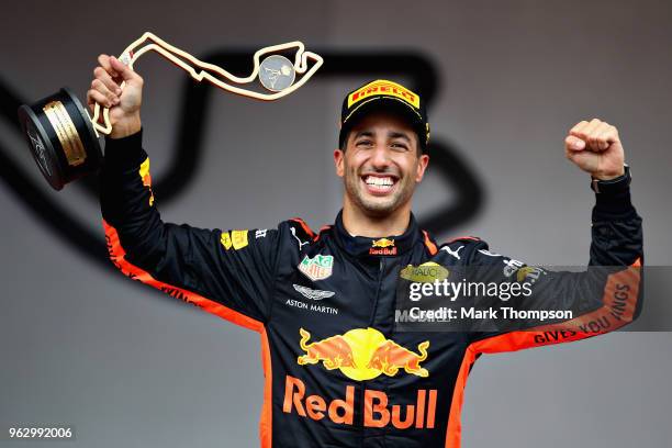 Race winner Daniel Ricciardo of Australia and Red Bull Racing celebrates on the podium during the Monaco Formula One Grand Prix at Circuit de Monaco...