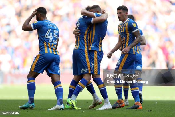 Alex Rodman of Shrewsbury Town celebrates after scoring his sides first goal with team mates during the Sky Bet League One Play Off Final between...