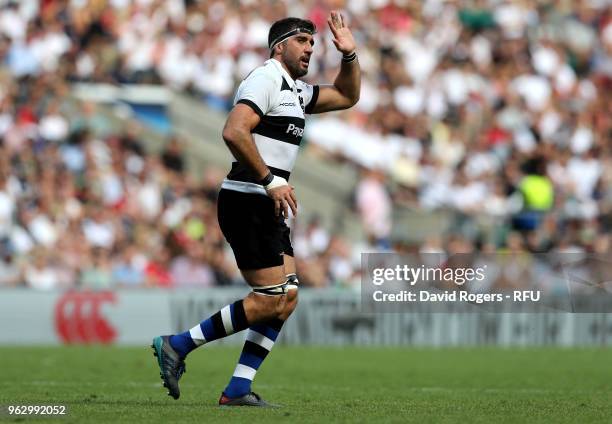 Juan Martin Fernandez Lobbe of Barbarians salutes the crowd as he leaves the pitch during his final match during the Quilter Cup match between...