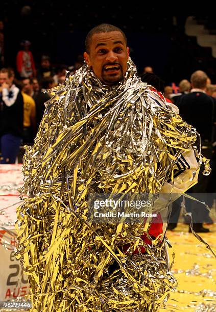 Didier Dinart of France celebrates after winning the Men's Handball European final match between France and Croatia at the Stadthalle on January 31,...